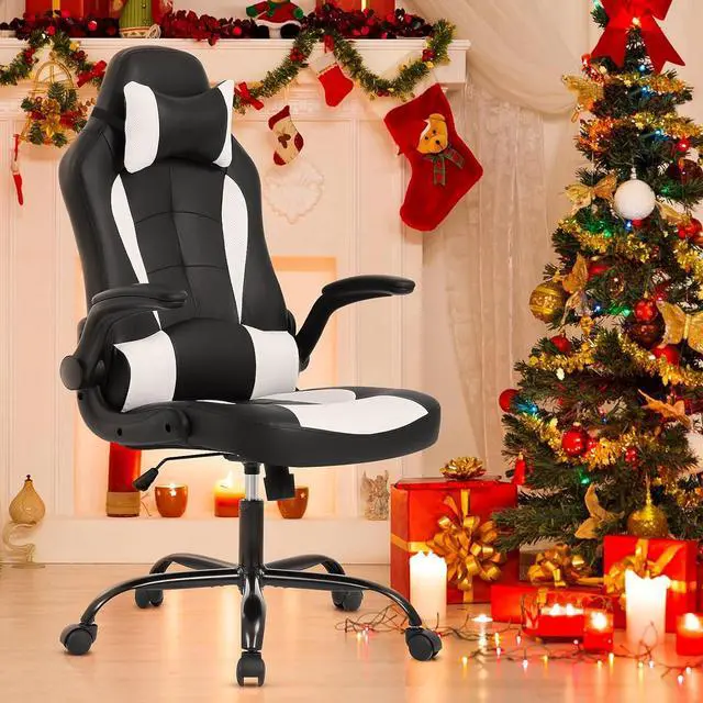 Main image of White Gaming Chair, Ergonomic High Back Executive Office Chair with Flip-Up Arms, Adjustable Height, PU Leather, 300 lbs Weight Capacity