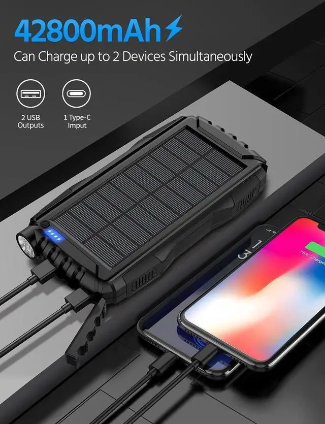 Alt view image 2 of 7 - Solar Charger, Power Bank, 42800mAh Portable Charger Power Bank External Battery Pack 5V3.1A Qc 3.0 Fast Charger Built-in Super Bright Flashlight (Black)