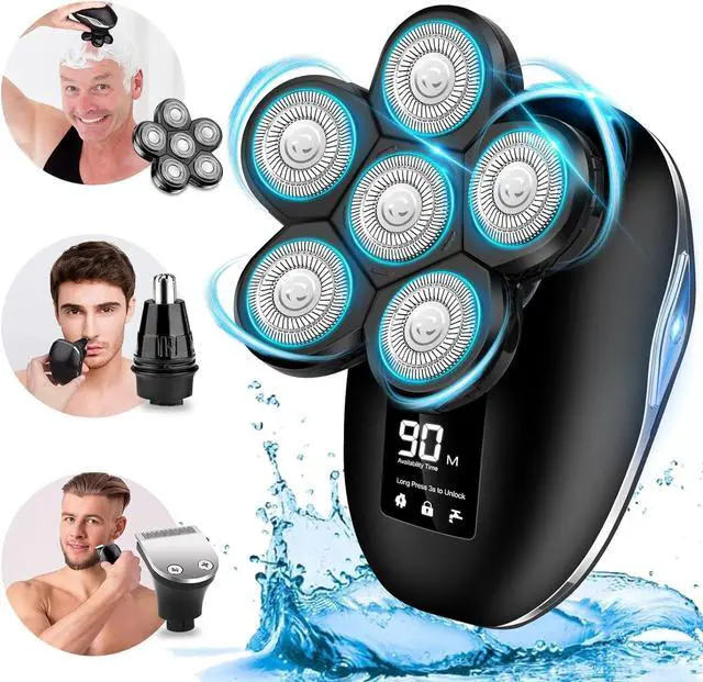 Main image of Electric Head Shaver for Bald Men, 6 in 1 Mens Electric Head Razor Bald Head Shaver Cordless Electric Razor Men, IPX7 Wet/Dry Waterproof Skull Shaver with Head Shaver Kit LED Display Blue