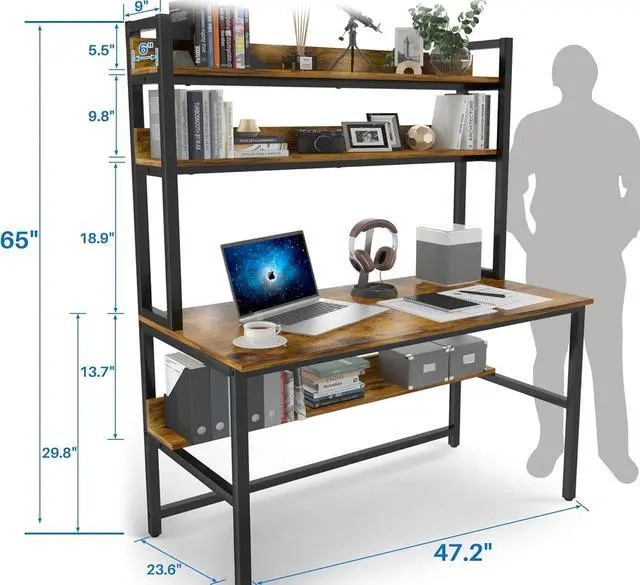 Alt view image 3 of 7 - Aquzee Computer Desk with Hutch, 47in Wide Desk with Shelves, Tall Home Office Desk with Bookshelf, Metal Legs Study Table with Upper Storage Shelf for Study Writing/Workstation 47W x 23.6D x 65H