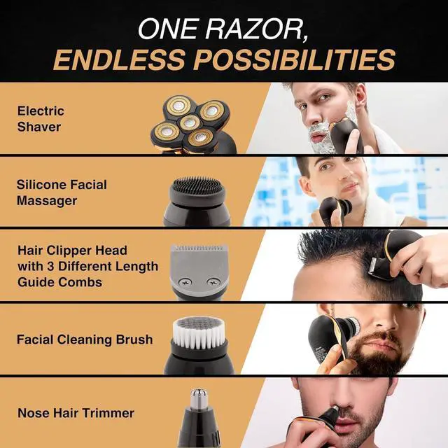 Alt view image 4 of 7 - Asani 5 in 1 Electric Razor for Men and Women, USB Rechargeable and Waterproof Cordless Trimmer, Includes Rotating Bald Head Shaver, Nose Hair Trimmer, Beard Shaper, Silicone Brush, & Cleansing Brush