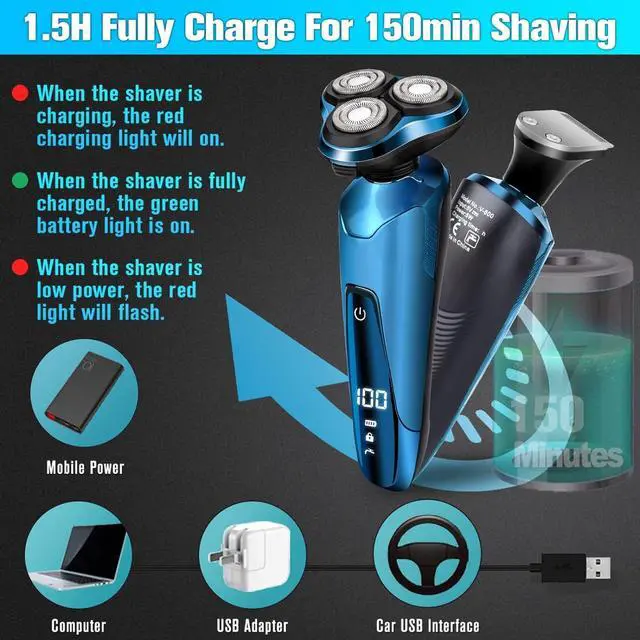 Alt view image 6 of 7 - Electric Razor for Men,Mens Electric Shavers Rotary,LED Display 100% Waterproof Cordless Razor, Wet/Dry Shaving,Shaver for Men Replaceable Blades Portable Travel Razors