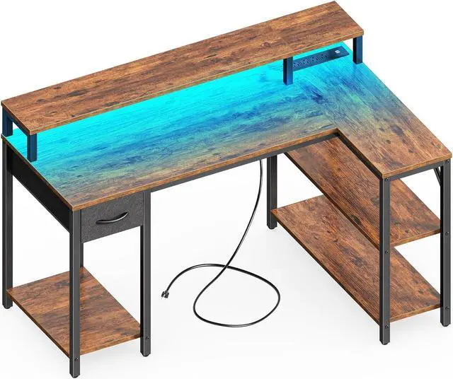 Main image of SUPERJARE 47 inch Reversible L Shaped Desk with LED Lights & Power Outlets, Computer Desk with Shelves & Monitor Stand, Gaming Desk with Drawer, Home Office Desk Corner Desk, Rustic Brown