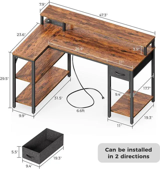 Alt view image 3 of 7 - SUPERJARE 47 inch Reversible L Shaped Desk with LED Lights & Power Outlets, Computer Desk with Shelves & Monitor Stand, Gaming Desk with Drawer, Home Office Desk Corner Desk, Rustic Brown