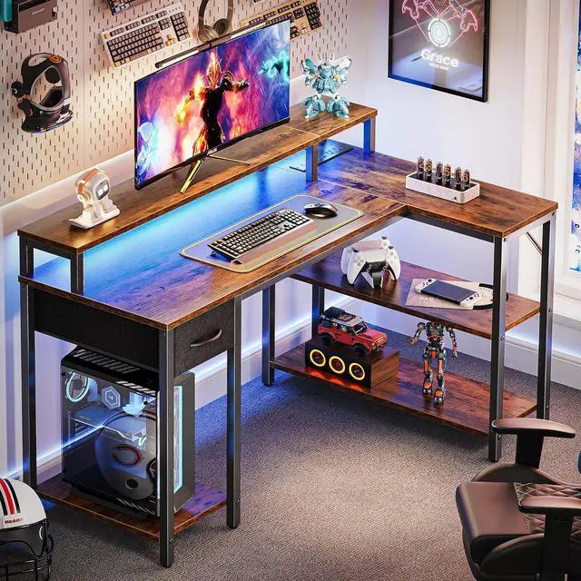 Alt view image 2 of 7 - SUPERJARE 47 inch Reversible L Shaped Desk with LED Lights & Power Outlets, Computer Desk with Shelves & Monitor Stand, Gaming Desk with Drawer, Home Office Desk Corner Desk, Rustic Brown