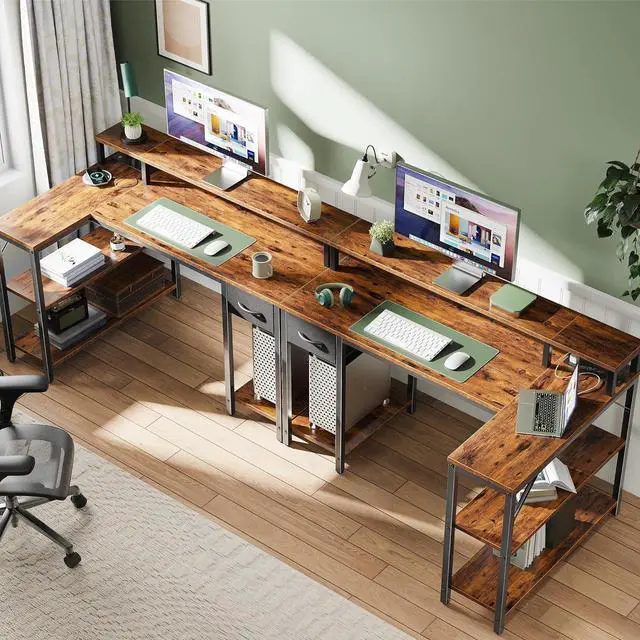 Alt view image 6 of 7 - SUPERJARE 47 inch Reversible L Shaped Desk with LED Lights & Power Outlets, Computer Desk with Shelves & Monitor Stand, Gaming Desk with Drawer, Home Office Desk Corner Desk, Rustic Brown