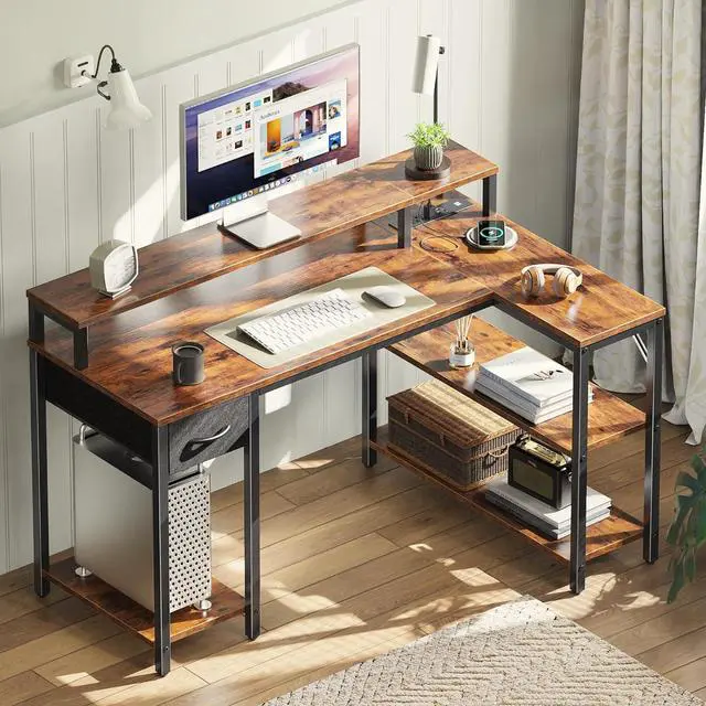 Alt view image 7 of 7 - SUPERJARE 47 inch Reversible L Shaped Desk with LED Lights & Power Outlets, Computer Desk with Shelves & Monitor Stand, Gaming Desk with Drawer, Home Office Desk Corner Desk, Rustic Brown