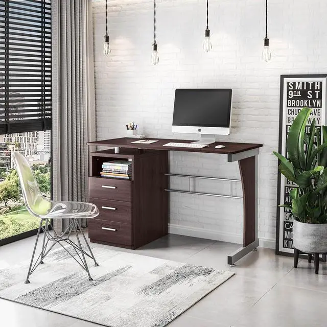 Alt view image 2 of 7 - 48" Computer Desk with Drawers, Home Office Desk with Storage, Heavy Duty and Water Resistant Study Table, Chocolate Brown