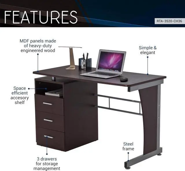 Alt view image 4 of 7 - 48" Computer Desk with Drawers, Home Office Desk with Storage, Heavy Duty and Water Resistant Study Table, Chocolate Brown