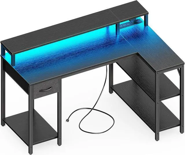 Main image of SUPERJARE 47 inch Reversible L Shaped Desk with LED Lights & Power Outlets, Computer Desk with Shelves & Monitor Stand, Gaming Desk with Drawer, Home Office Desk Corner Desk, Black