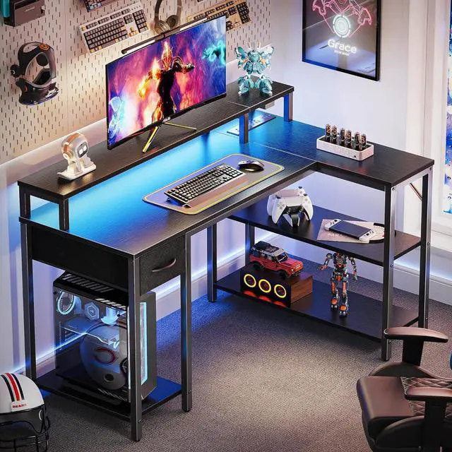 Alt view image 2 of 7 - SUPERJARE 47 inch Reversible L Shaped Desk with LED Lights & Power Outlets, Computer Desk with Shelves & Monitor Stand, Gaming Desk with Drawer, Home Office Desk Corner Desk, Black