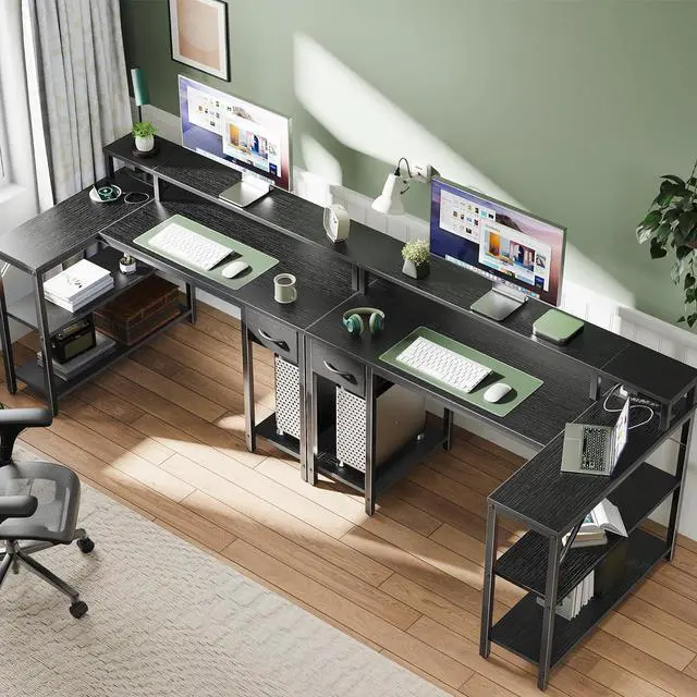 Alt view image 7 of 7 - SUPERJARE 47 inch Reversible L Shaped Desk with LED Lights & Power Outlets, Computer Desk with Shelves & Monitor Stand, Gaming Desk with Drawer, Home Office Desk Corner Desk, Black