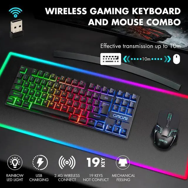 Alt view image 2 of 7 - Wireless Gaming Keyboard Mouse,Recharge LED Lighted Combo for Xbox PS5/4 PC | 87 Key Backlit Ergonomic Wireless Mouse and Keyboard Combo for Xbox PS5 PS4 PC Laptop