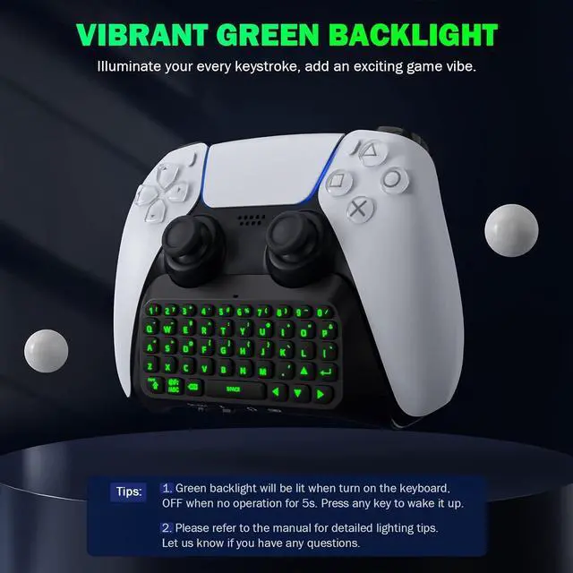 Alt view image 3 of 7 - MoKo Keyboard for PS5 Controller with Green Backlight, Bluetooth Wireless Mini Keypad Chatpad for PlayStation 5, Built-in Speaker & 3.5mm Audio Jack for PS5 Controller Accessories