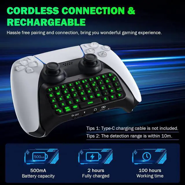 Alt view image 4 of 7 - MoKo Keyboard for PS5 Controller with Green Backlight, Bluetooth Wireless Mini Keypad Chatpad for PlayStation 5, Built-in Speaker & 3.5mm Audio Jack for PS5 Controller Accessories