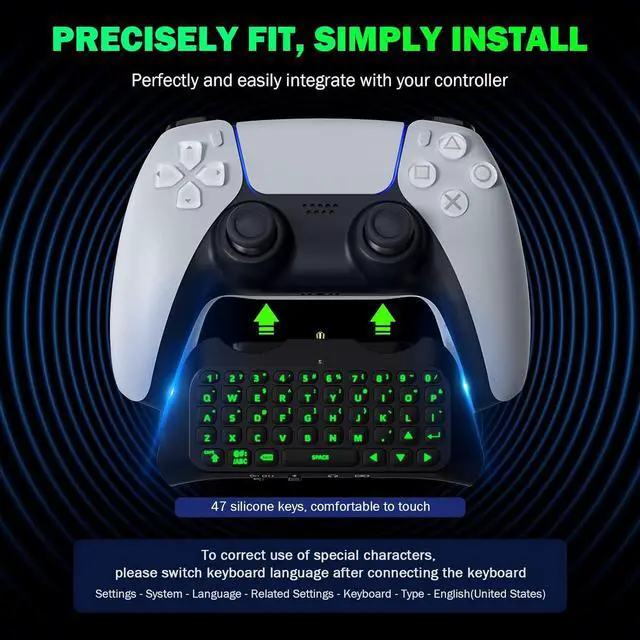 Alt view image 6 of 7 - MoKo Keyboard for PS5 Controller with Green Backlight, Bluetooth Wireless Mini Keypad Chatpad for PlayStation 5, Built-in Speaker & 3.5mm Audio Jack for PS5 Controller Accessories