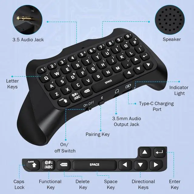 Alt view image 7 of 7 - MoKo Keyboard for PS5 Controller with Green Backlight, Bluetooth Wireless Mini Keypad Chatpad for PlayStation 5, Built-in Speaker & 3.5mm Audio Jack for PS5 Controller Accessories