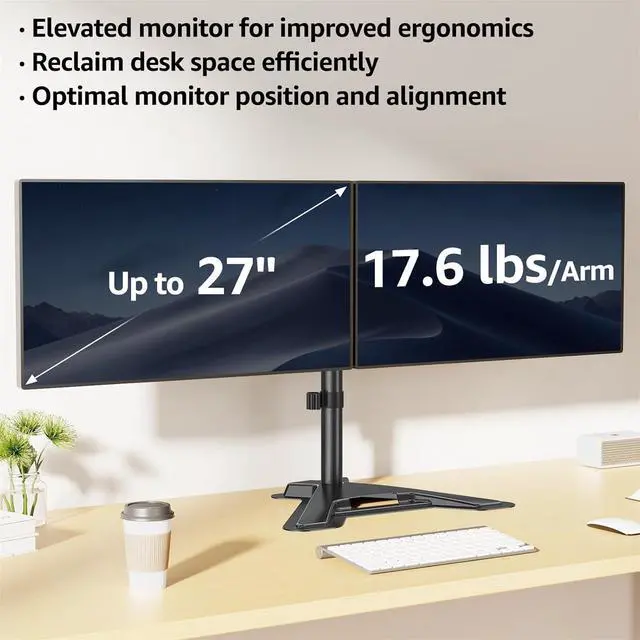 Alt view image 2 of 7 - MOUNTUP Dual Monitor Stand - Freestanding & Height Adjustable Monitor Desk Mount, Steady VESA Mount Computer Monitor Stand for 2 Screens up to 27 inches, MU1002
