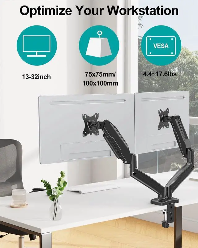Alt view image 2 of 7 - MOUNT PRO Dual Monitor Mount Fits 13 to 32 Inch Computer Screen, Height Adjustable Monitor Stand for 2 Monitors, Gas Spring Display Arm Holds up to 17.6lbs Each, Monitor Desk VESA Mount 75x75, 100x100