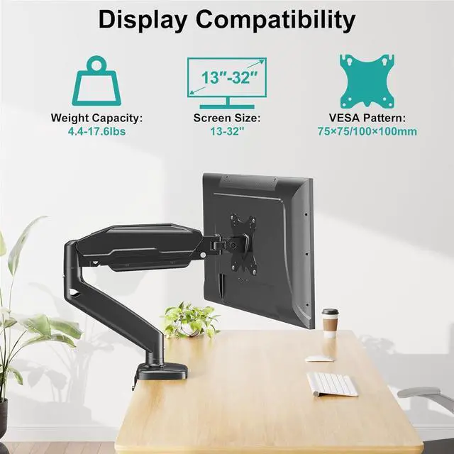 Alt view image 3 of 7 - MOUNT PRO Single Monitor Desk Mount - Articulating Gas Spring Arm, Removable VESA Monitor Mount Computer Monitor Stand with Clamp and Grommet Base Fits 13 to 32 Inch Screen, VESA 75x75, 100x100, Black