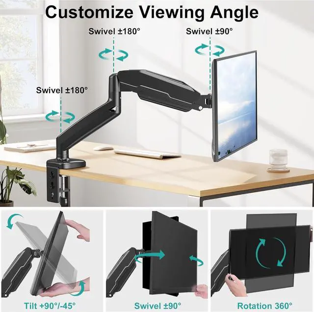 Alt view image 4 of 7 - MOUNT PRO Single Monitor Desk Mount - Articulating Gas Spring Arm, Removable VESA Monitor Mount Computer Monitor Stand with Clamp and Grommet Base Fits 13 to 32 Inch Screen, VESA 75x75, 100x100, Black