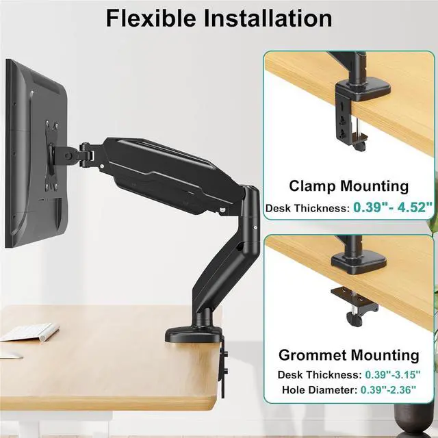 Alt view image 7 of 7 - MOUNT PRO Single Monitor Desk Mount - Articulating Gas Spring Arm, Removable VESA Monitor Mount Computer Monitor Stand with Clamp and Grommet Base Fits 13 to 32 Inch Screen, VESA 75x75, 100x100, Black