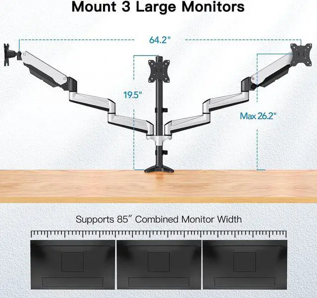 Alt view image 3 of 7 - HUANUO Triple Monitor Stand - Full Motion Articulating Gas Spring Monitor Mount Fit Three 17 to 32 inch Flat/Curved LCD Computer Screens with Clamp, Grommet Kit, Silver