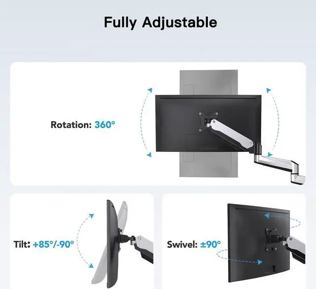 Alt view image 4 of 7 - HUANUO Triple Monitor Stand - Full Motion Articulating Gas Spring Monitor Mount Fit Three 17 to 32 inch Flat/Curved LCD Computer Screens with Clamp, Grommet Kit, Silver