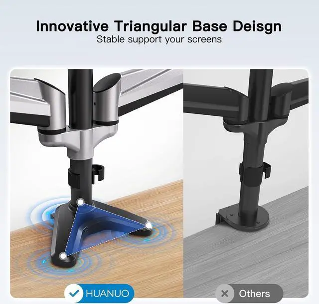 Alt view image 5 of 7 - HUANUO Triple Monitor Stand - Full Motion Articulating Gas Spring Monitor Mount Fit Three 17 to 32 inch Flat/Curved LCD Computer Screens with Clamp, Grommet Kit, Silver