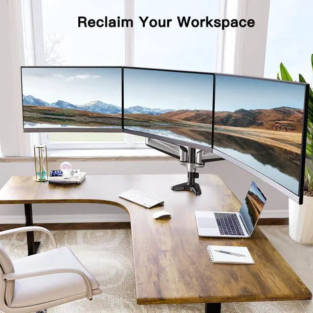 Alt view image 6 of 7 - HUANUO Triple Monitor Stand - Full Motion Articulating Gas Spring Monitor Mount Fit Three 17 to 32 inch Flat/Curved LCD Computer Screens with Clamp, Grommet Kit, Silver