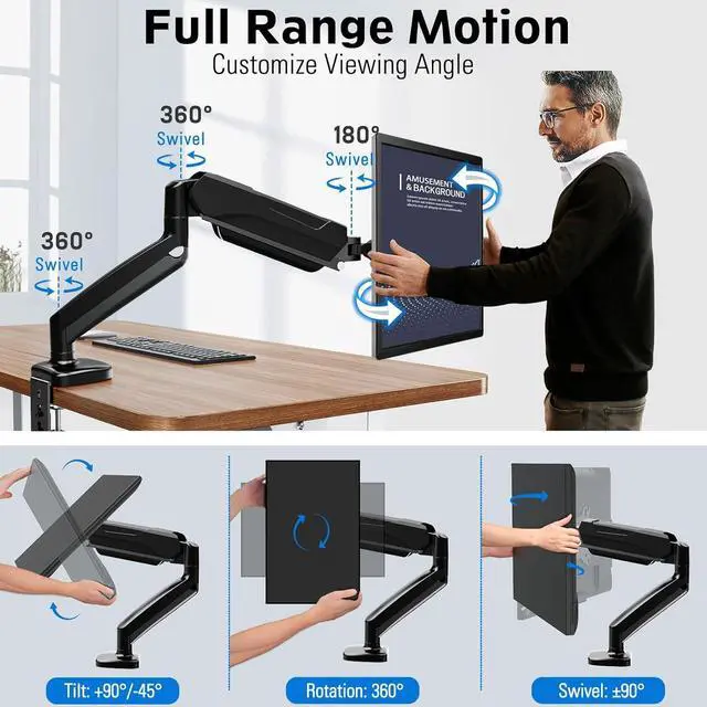 Alt view image 3 of 7 - MOUNTUP Monitor Arm Desk Mount, Fully Adjustable, Computer Monitor Stand for 17-30 Inch, 4.4-17.6lbs Screen, VESA Mount with C Clamp & Grommet Base, Black