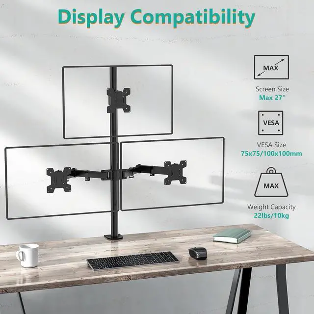 Alt view image 3 of 7 - WALI Triple Monitor Desk Mount, Fully Adjustable Three Monitor Stand Fits 3 Screens up to 27 inch, 22 lbs, Weight Capacity per Arm (M003), Black