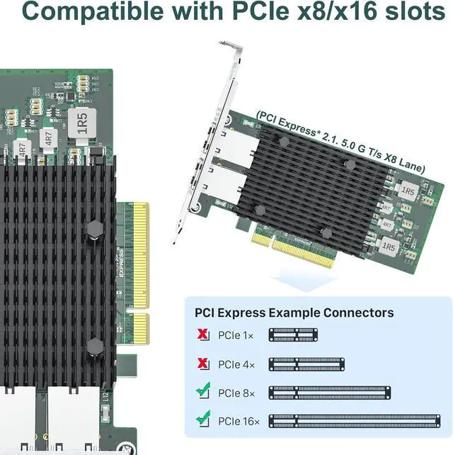 Alt view image 5 of 7 - 10Gb NIC PCIE Network Card with  X540-T2, Dual RJ45 Port,  X540-AT2 Controller, 10G Ethernet Converged Network LAN Adapter, Support Windows/Linux/Vmware/ESX/Freebsd Server