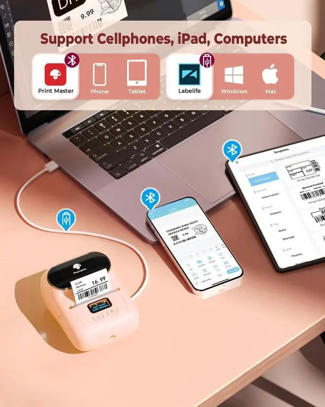 Alt view image 6 of 7 - Label Printer M110 Upgraded Label Maker Bluetooth No Ink Portable for Small Business, Address, Office, Home for Phone; for PC/Mac(USB), with 100 Labels, Baby Pink