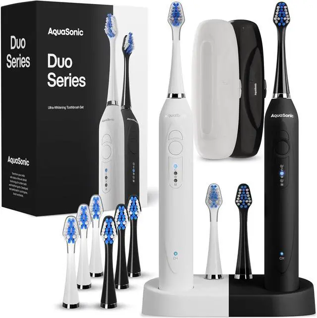 Main image of Aquasonic Duo - Dual Handle Ultra Whitening 40,000 VPM Wireless Charging Electric ToothBrushes - 3 Modes with Smart Timers - 10 Dupont Brush Heads & 2 Travel Cases Included