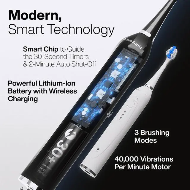 Alt view image 2 of 6 - Aquasonic Duo - Dual Handle Ultra Whitening 40,000 VPM Wireless Charging Electric ToothBrushes - 3 Modes with Smart Timers - 10 Dupont Brush Heads & 2 Travel Cases Included