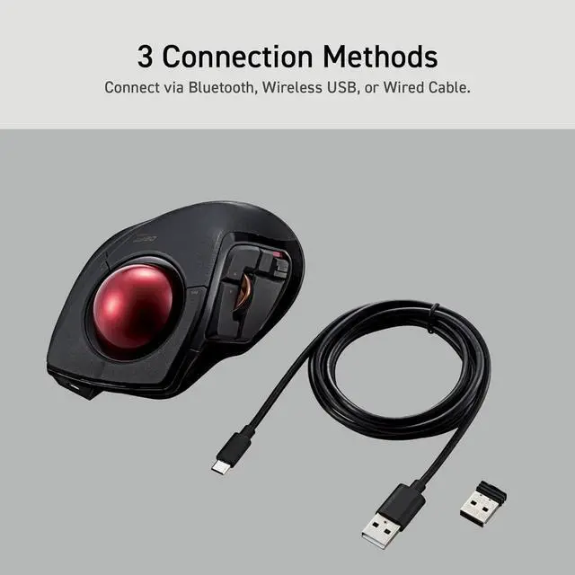 Alt view image 5 of 7 - ELECOM DEFT PRO Trackball Mouse, Wired, Wireless, Bluetooth 3 Types Connection, Ergonomic Design, 8-Button Function, Red Ball, Windows11, MacOS (M-DPT1MRXBK)