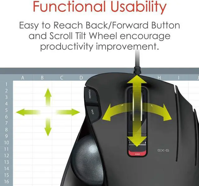 Alt view image 4 of 7 - ELECOM EX-G Wired Trackball Mouse, Ergonomic, Thumb Control, Smooth Tracking Roller Ball, 6 Programmable Buttons, Tilt Scroll Computer Mice for PC Mac