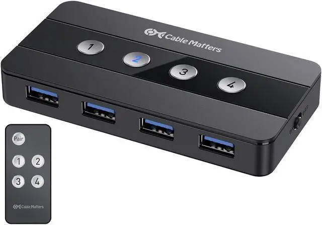 Main image of Cable Matters 4 Port USB 3.0 Switch USB Sharing Switch for 4 Computers and USB Peripherals - Button or Wireless Remote Control Switching - Includes a USB-C Adapter for USB-C USB4 and Thunderbolt 4
