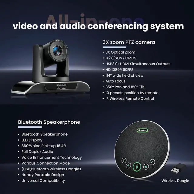 Alt view image 2 of 7 - All-in-One Conference Room Video Camera System Bundle HD 1080P 60fps 3X Optical Zoom USB3.0 HDMI PTZ and Bluetooth Speakerphone with Microphones by DT