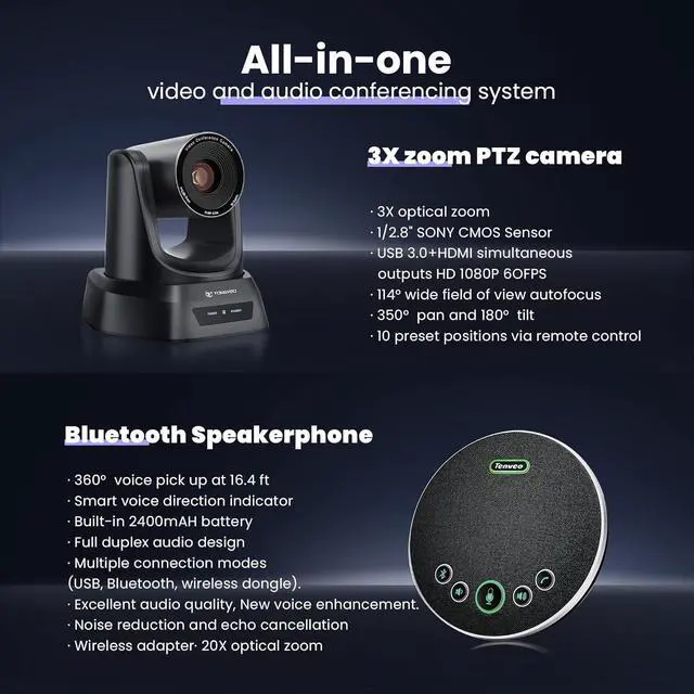 Alt view image 3 of 7 - Conference Room HDMI 60fps USB3.0 Camera System with Bluetooth Microphone and Speaker,3X Optical Zoom 1080P PTZ Video Kit |with Speakerphone,for Church Home Office(UVC1.1) by DT