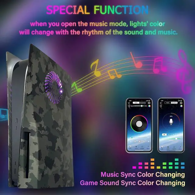 Alt view image 3 of 7 - Faceplate for PS5 with RGB Light Strip and Dust Filter for Cooling Vents DOBEWINGDELOU 400+ Effects LED Light Ring Console Cover for PS5 Disc Edition DIY Decoration Kit Accessories Camouflage