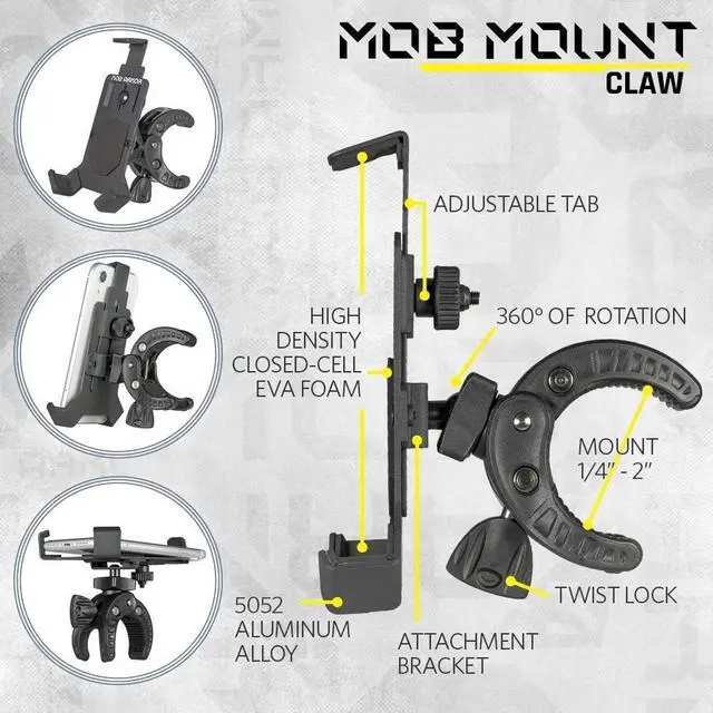 Alt view image 2 of 6 - Mob Mount Claw with 360° Rotation - Universal Phone Mounting Clamp for Motorcycle, Jeep, Dirt Bike, Car, ATV, Boat, Truck, Emergency Vehicle - Large, Black