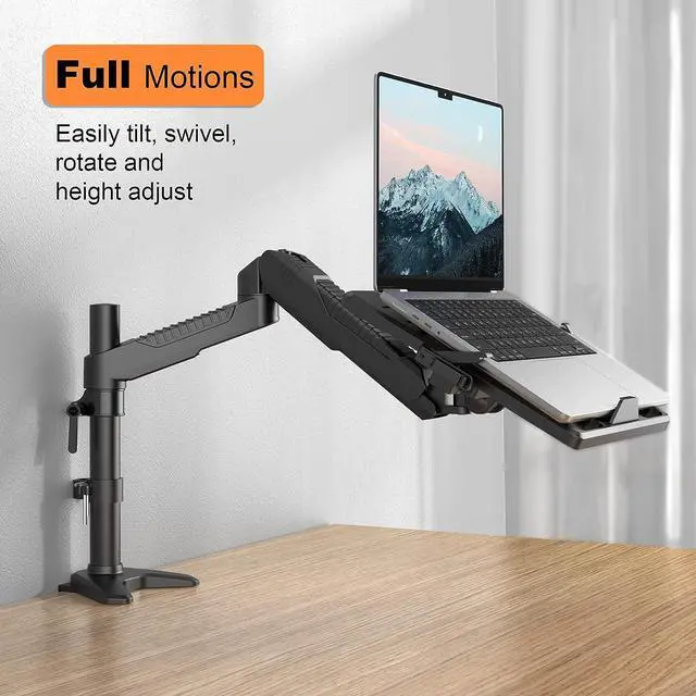 Alt view image 2 of 7 - Gas Spring Laptop Mount with Adjustable Tray - Klearlook 2in1 Full Motion Monitor Laptop Stand Mount,Fully Adjustable Extension Arm Mount with 75x75/100x100mm VESA Plate,Clamp-on and Grommet Mounting