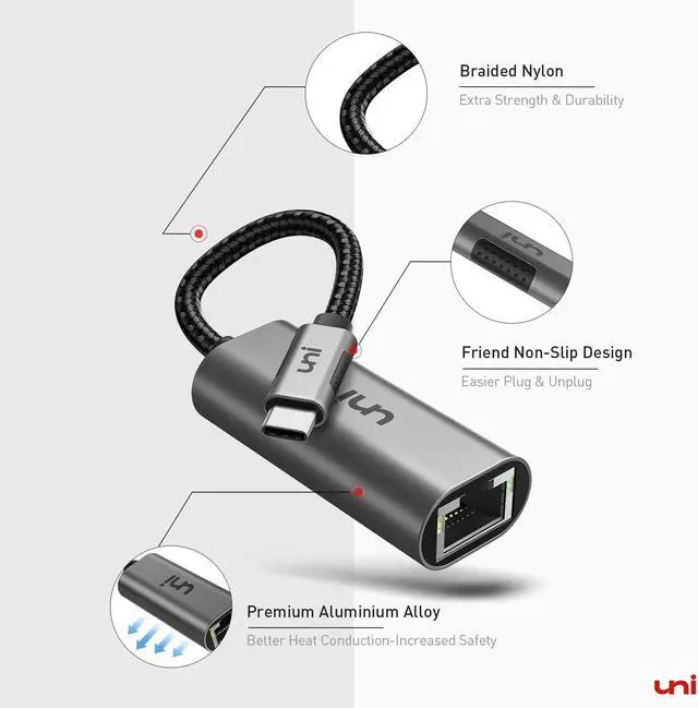 Alt view image 7 of 7 - uni USB C to Ethernet Adapter, Driver Free RJ45 to USB C [Thunderbolt 3/4 Compatible], 1Gbps Type-C Gigabit Ethernet LAN Network Adapter for MacBook Pro/Air, iPhone 15 Pro/Max, Dell XPS, Galaxy S8-S24