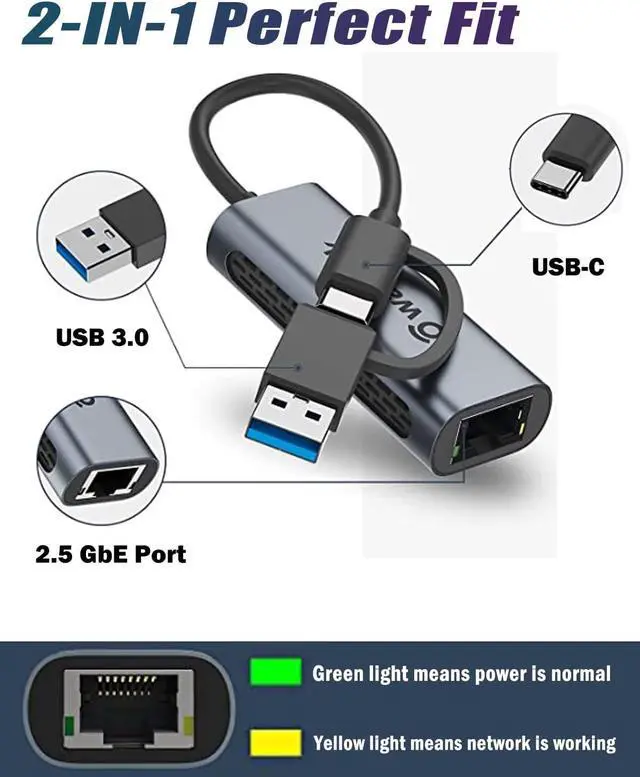 Alt view image 2 of 7 - Wavlink USB C to Ethernet Adapter 2.5 Gbps, 2-in-1 USB to 2.5G Ethernet Adapter, USB-C to RJ45 Network Converter (Thunderbolt 4/3 Compatible), Aluminum Case for Windows, Mac OS, iPad OS and More.