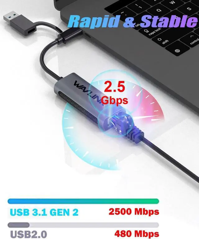 Alt view image 4 of 7 - Wavlink USB C to Ethernet Adapter 2.5 Gbps, 2-in-1 USB to 2.5G Ethernet Adapter, USB-C to RJ45 Network Converter (Thunderbolt 4/3 Compatible), Aluminum Case for Windows, Mac OS, iPad OS and More.