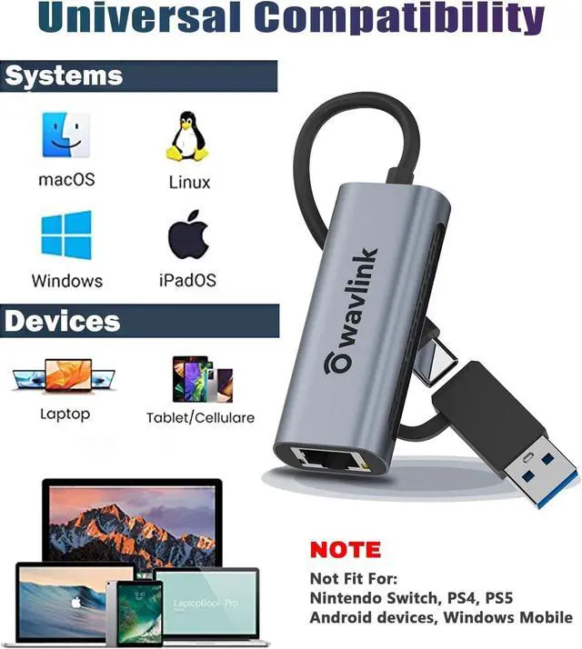 Alt view image 5 of 7 - Wavlink USB C to Ethernet Adapter 2.5 Gbps, 2-in-1 USB to 2.5G Ethernet Adapter, USB-C to RJ45 Network Converter (Thunderbolt 4/3 Compatible), Aluminum Case for Windows, Mac OS, iPad OS and More.