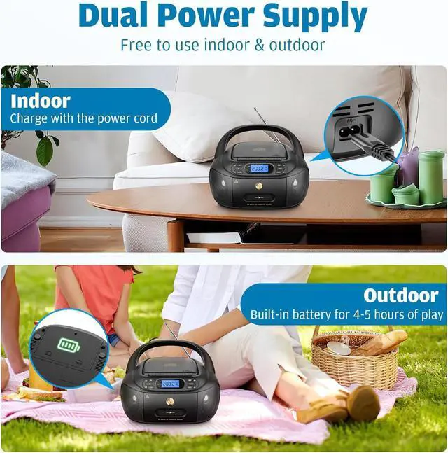 Alt view image 3 of 7 - CD Cassette Player Combo, Hernpark Rechargeable Boombox with Bluetooth 5.1, Tape Recording, FM Radio, Super Bass, Stereo Sound, Aux/USB Drive, Headphones Jack, Boom Box for Indoor Outdoor