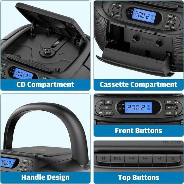 Alt view image 4 of 7 - CD Cassette Player Combo, Hernpark Rechargeable Boombox with Bluetooth 5.1, Tape Recording, FM Radio, Super Bass, Stereo Sound, Aux/USB Drive, Headphones Jack, Boom Box for Indoor Outdoor